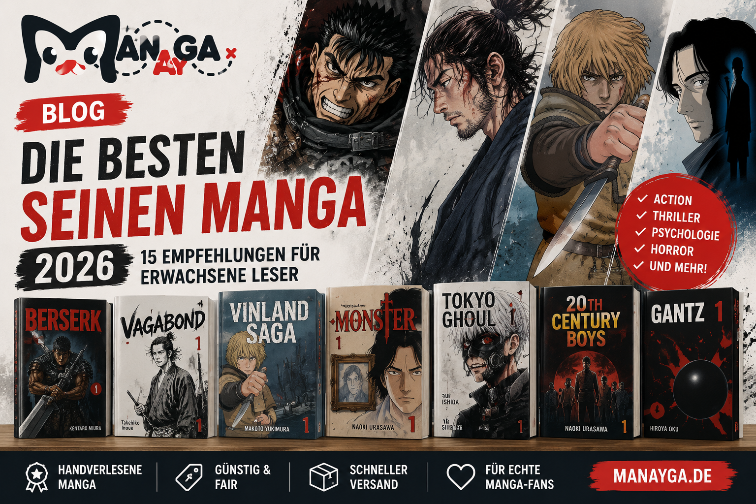 Die besten Seinen Manga 2026 mit Berserk, Vagabond, Vinland Saga und weiteren Empfehlungen – Manayga